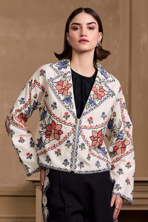 Ivory Contrast Panel Floral Short Jacket