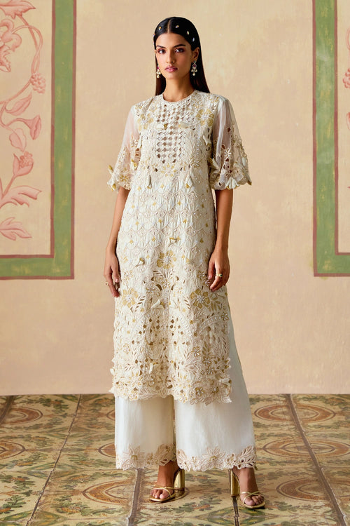Ivory and Gold Cutwork Kurta with Flared Pants