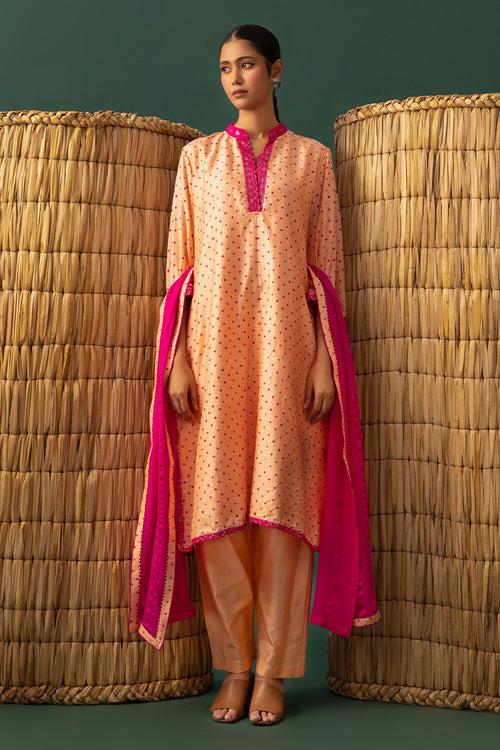 Peach Bandhani Mirror Work Suit Set