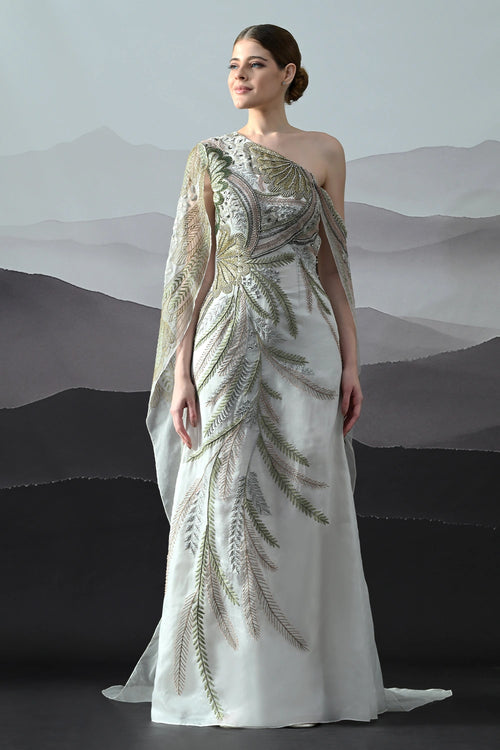Ivory One-Shoulder Gown With Hand-Embroidered Motifs