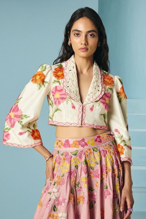 Ivory Beadwork Fringed Bolero Jacket With Lehenga