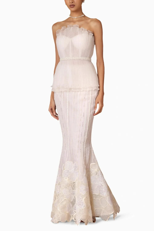 Pleated Cabbage Top and Belt with Fishtail Skirt