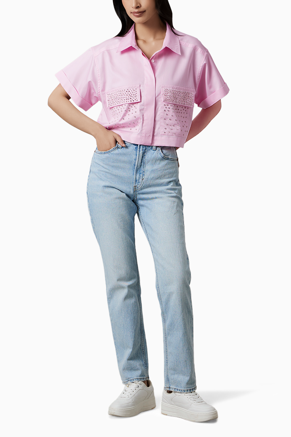 Pastel Pink Crop Shirt with Swarovski Studs