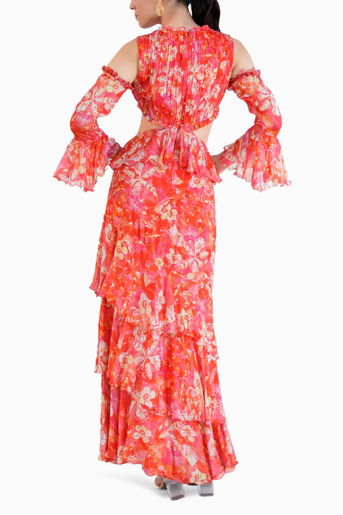 Dark Orchid Printed Tiered Dress With Slit And Waist Cutout