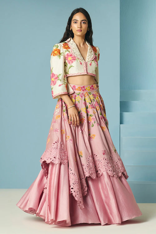Ivory Beadwork Fringed Bolero Jacket With Lehenga