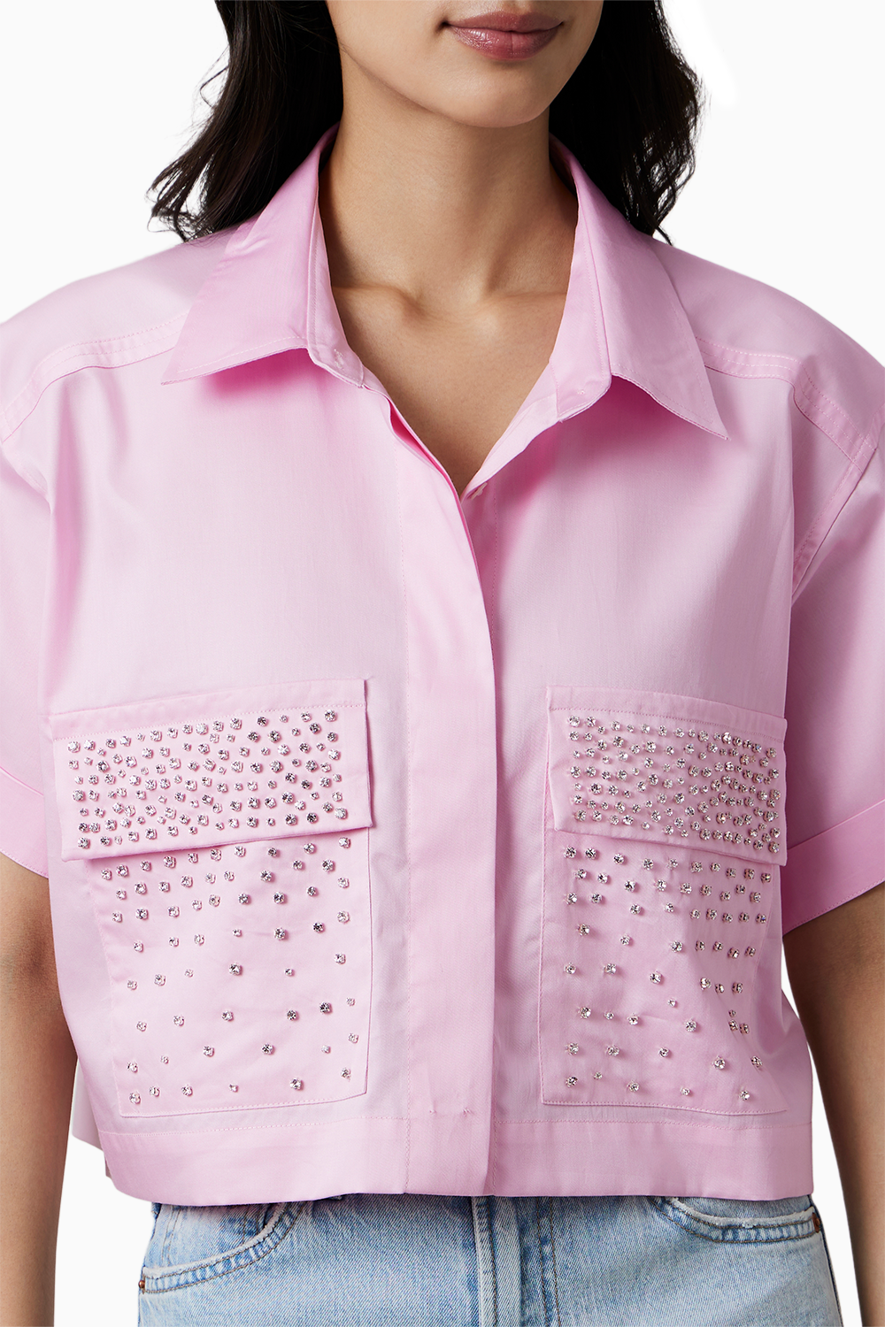 Pastel Pink Crop Shirt with Swarovski Studs