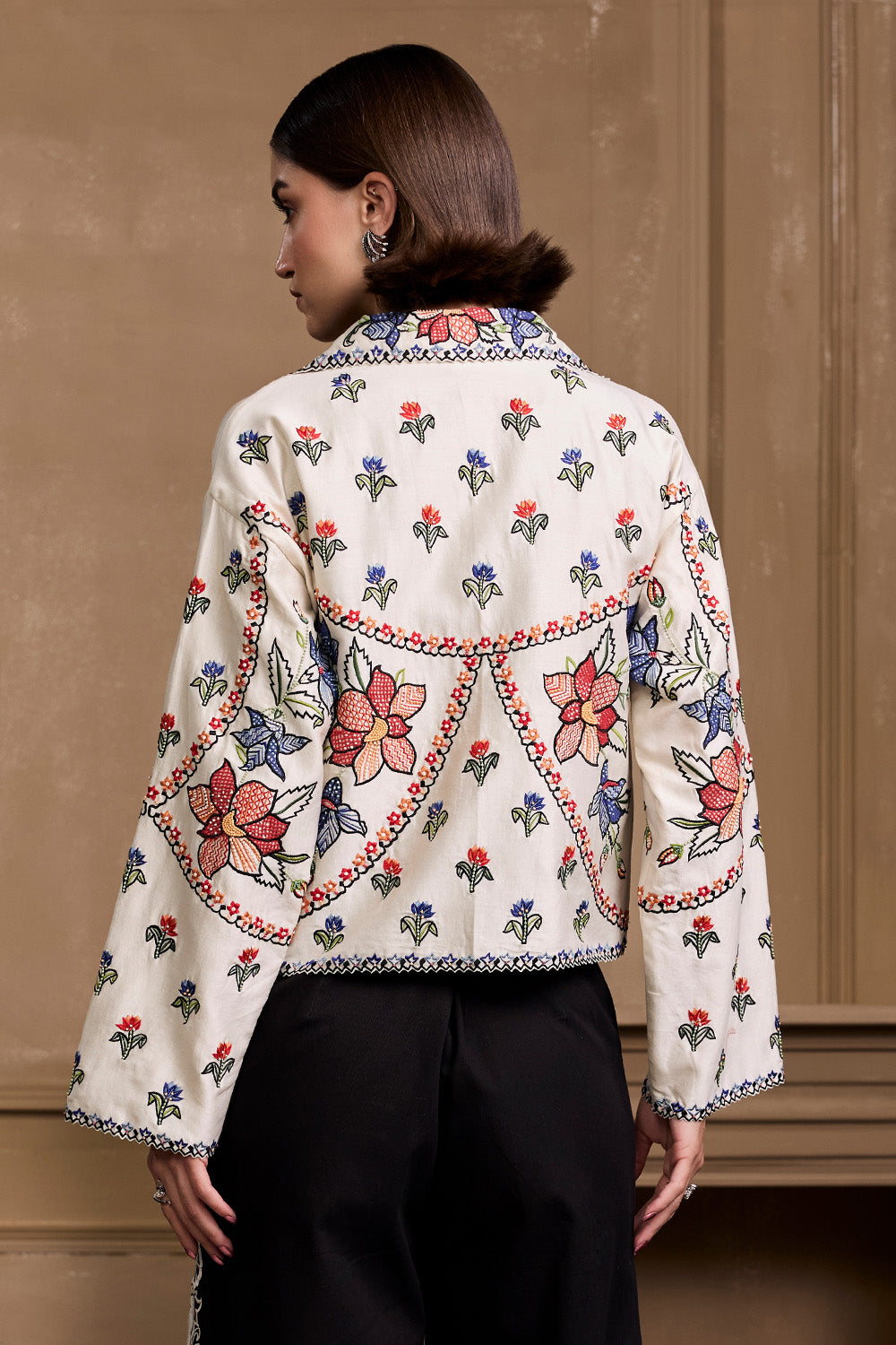 Ivory Contrast Panel Floral Short Jacket