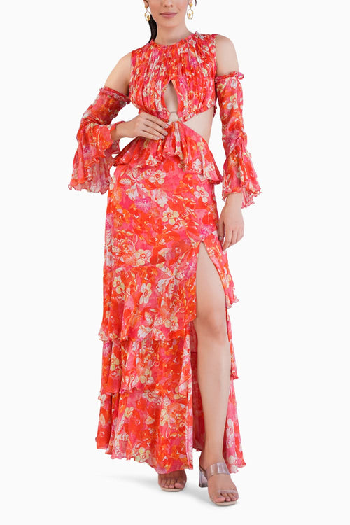 Dark Orchid Printed Tiered Dress With Slit And Waist Cutout