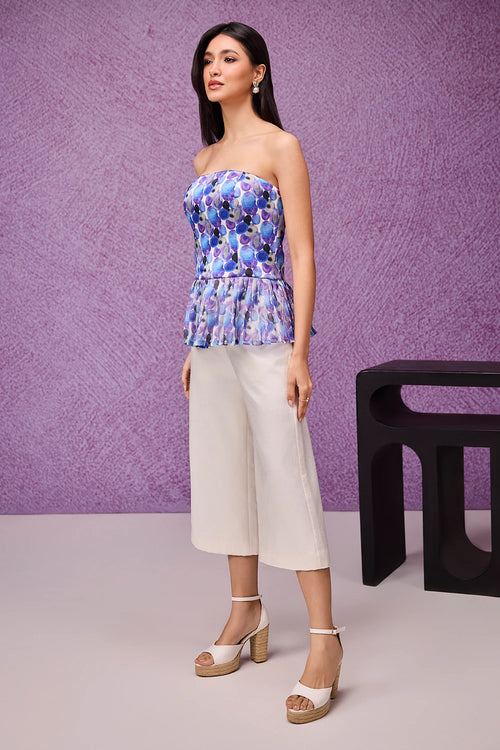 Blue Aquarelle Print Peplum Bustier