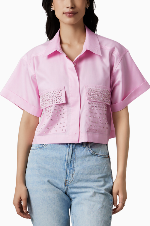 Pastel Pink Crop Shirt with Swarovski Studs