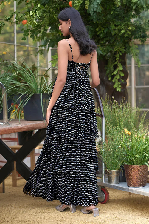 Pleated Polka Dot Tiered Maxi Dress