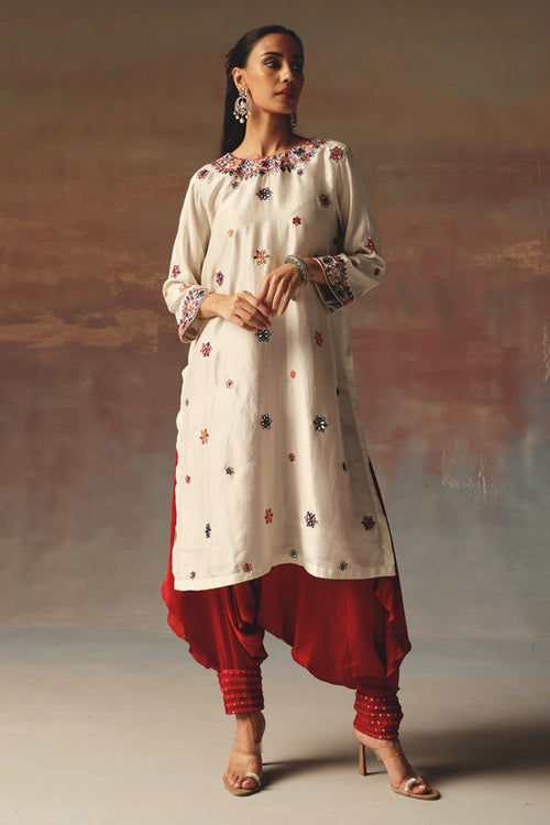 Ivory Monga Silk Kurta with Red Thai Mirror Work Dhotis