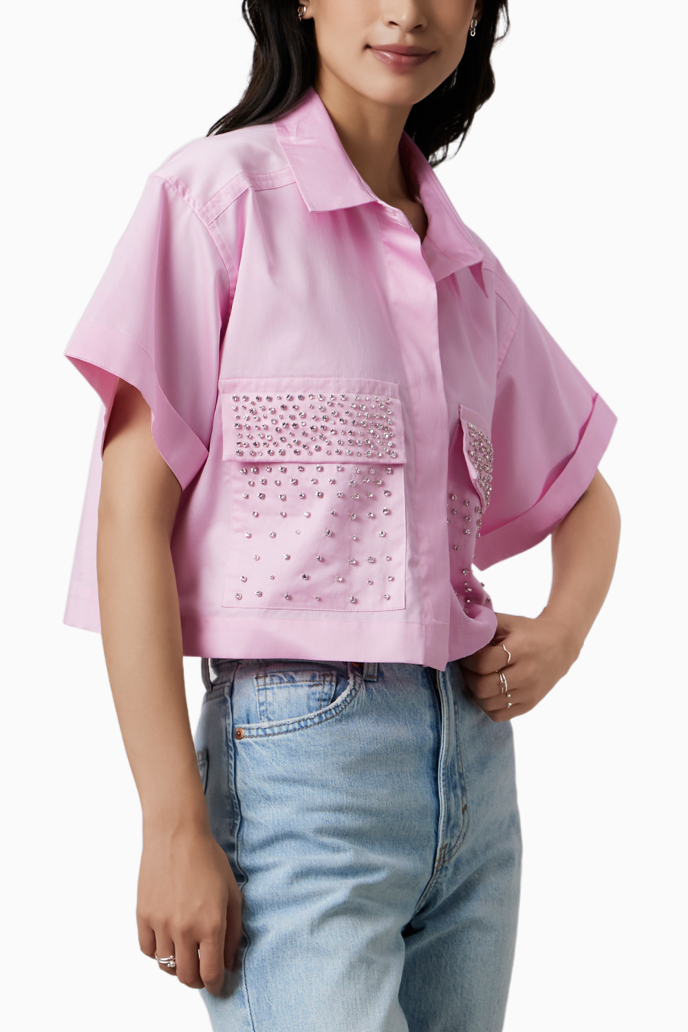 Pastel Pink Crop Shirt with Swarovski Studs