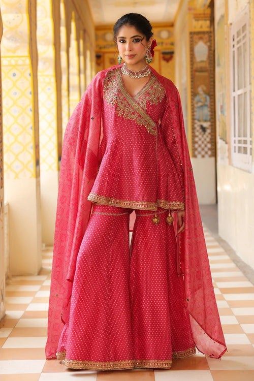 Ahista Pink Printed Angrakha Sharara Set