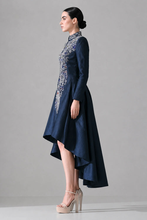 Navy Blue High-Low Dress Defined By Artisanal Embroidery