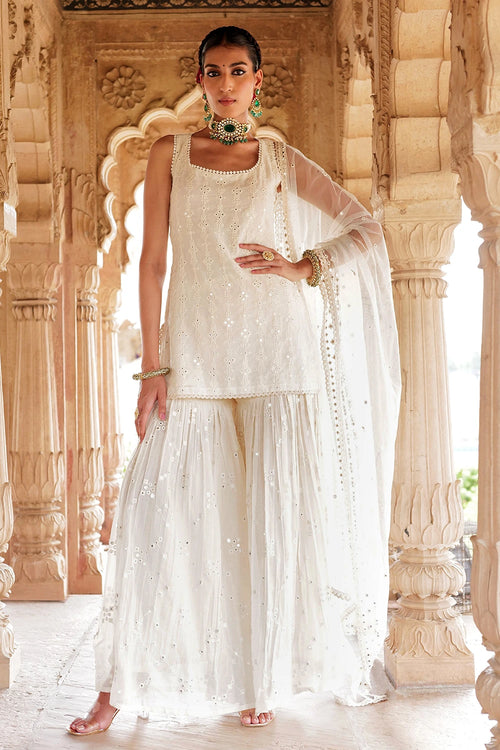 Off White SK-BK all-over Embroidered Sharara with Dupatta