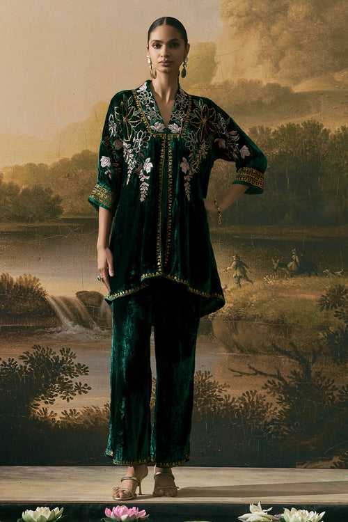 Emerald Green Metallic Kimono Tunic With Pants