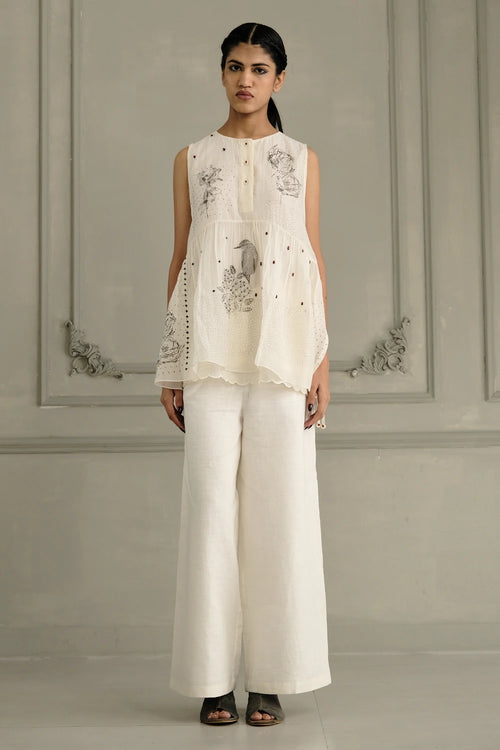 Ivory Mul Chanderi Embroidered Top And Linen Pants Set