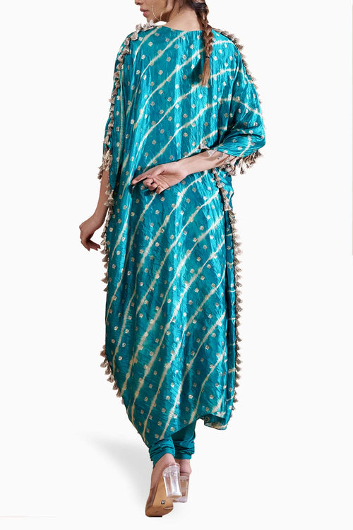 Teal Blue Embroidered Kaftan with Churidar