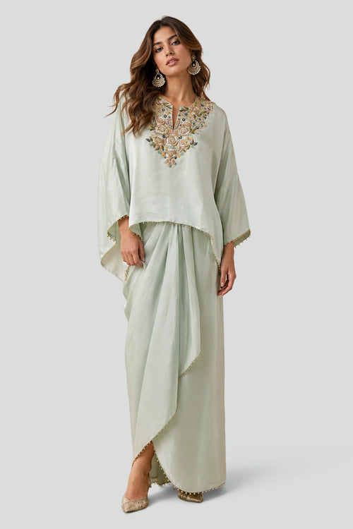 Powder Blue Satin Embroidered Yoke Top And Lungi Skirt