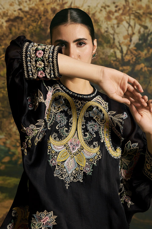 Black Contrast Paisley Detail Tunic With Harem Pants