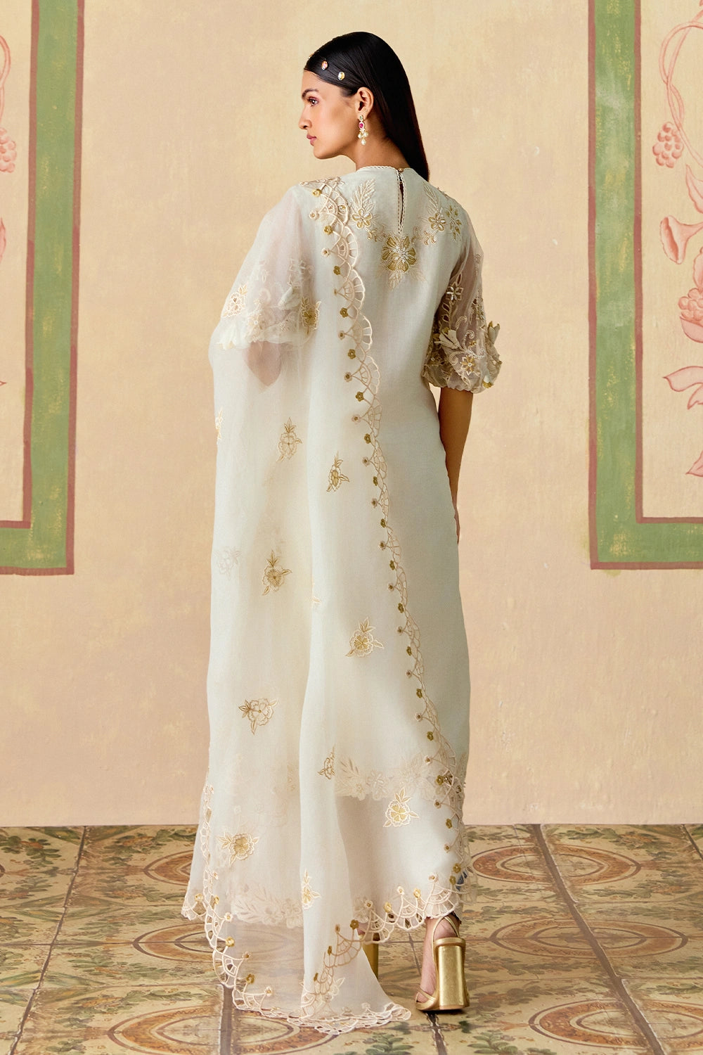 Ivory and Gold Cutwork Kurta with Flared Pants