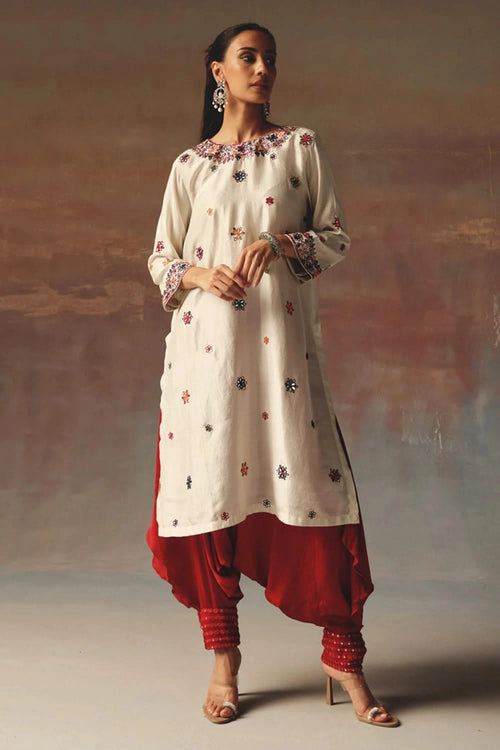 Ivory Monga Silk Kurta with Multicolor Embellishment