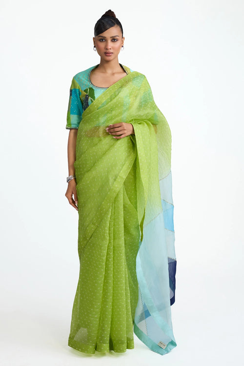 Lime Green Organza Bandhani Saree with Boro Blouse