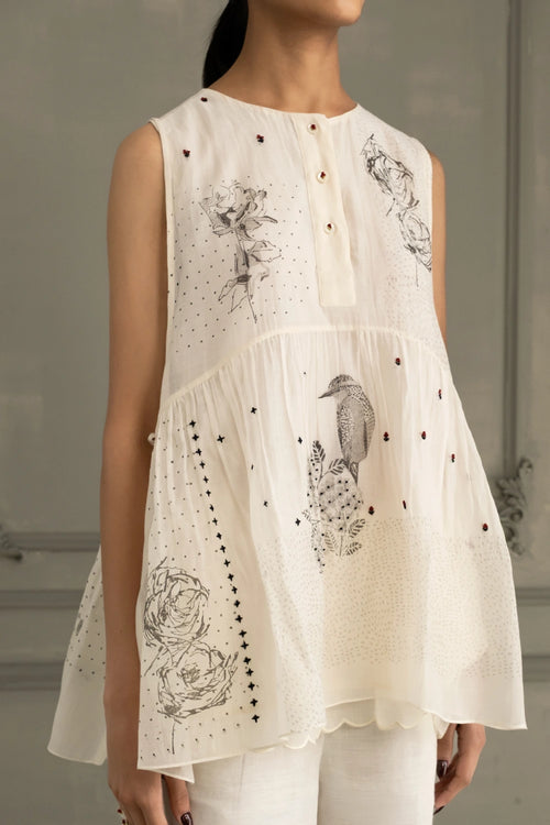 Ivory Mul Chanderi Embroidered Top And Linen Pants Set