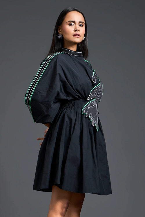 Black Neon Patch Gathered Dress