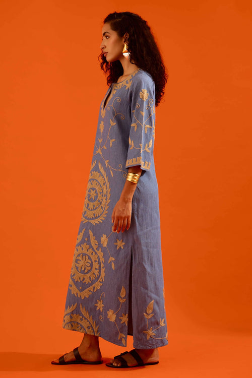Denim Blue Natural Wave Thread Embroidered Maxi Dress