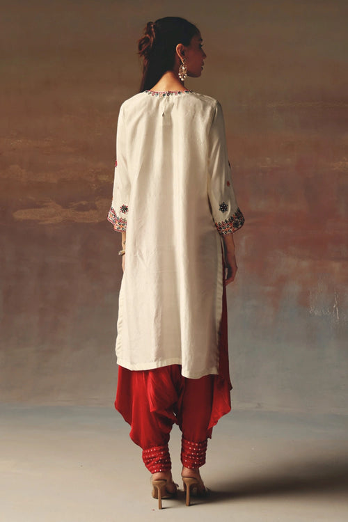 Ivory Monga Silk Kurta with Red Thai Mirror Work Dhotis