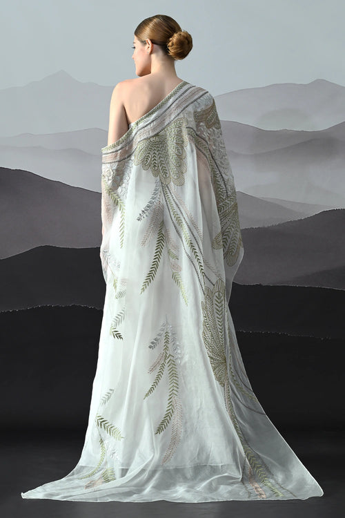 Ivory One-Shoulder Gown With Hand-Embroidered Motifs