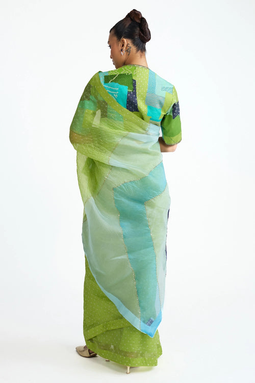 Lime Green Organza Bandhani Saree with Boro Blouse
