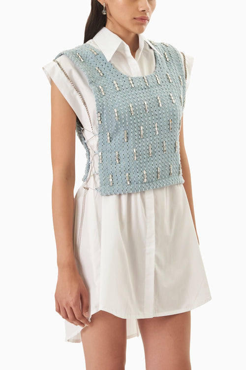 White Cotton Back Pleated Shirt Dress with Denim Blue Lazercut Bib