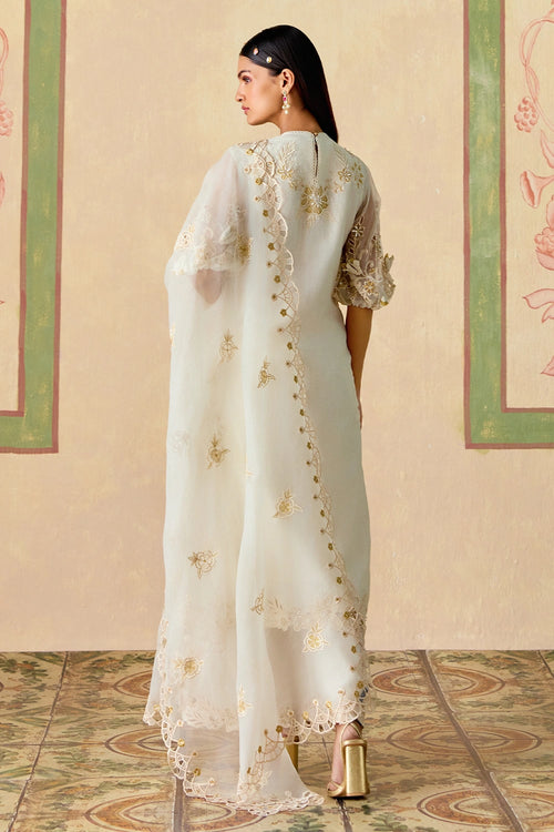 Ivory and Gold Cutwork Kurta and Flared Pants with Dupatta