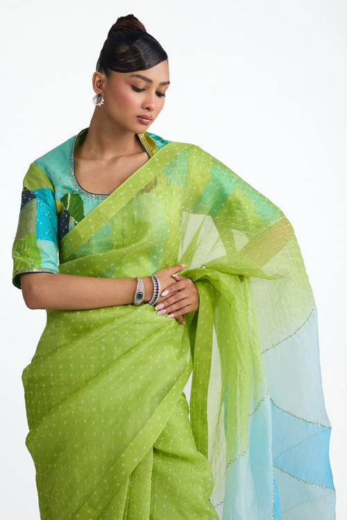 Lime Green Organza Bandhani Saree with Boro Blouse