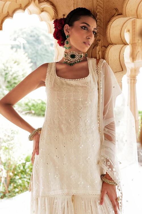 Off White SK-BK all-over Embroidered Sharara with Dupatta
