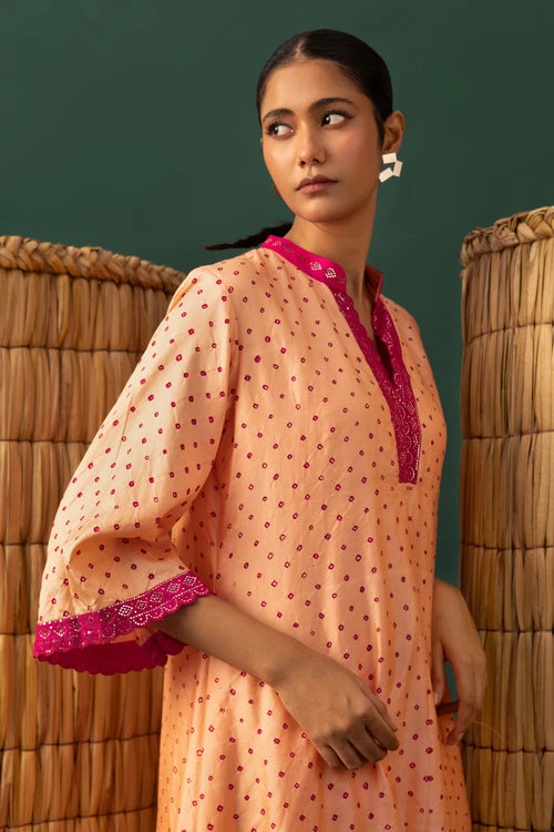 Peach Bandhani Mirror Work Suit Set
