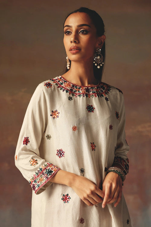 Ivory Monga Silk Kurta with Red Thai Mirror Work Dhotis