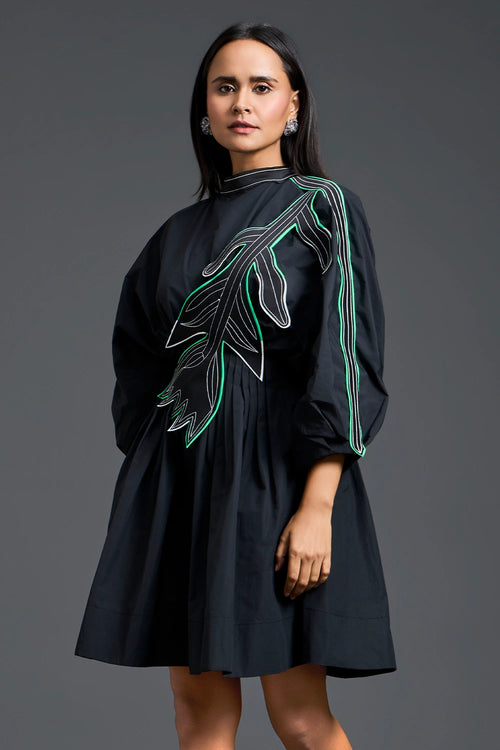 Black Neon Patch Gathered Dress
