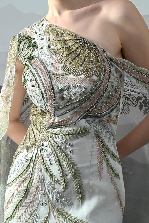 Ivory One-Shoulder Gown With Hand-Embroidered Motifs