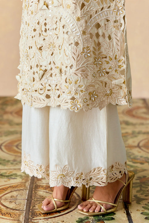 Ivory and Gold Cutwork Kurta with Flared Pants