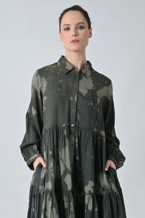 Forest Green Printed Tiered Shirt Dress