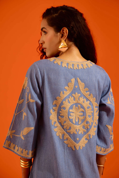 Denim Blue Natural Wave Thread Embroidered Maxi Dress