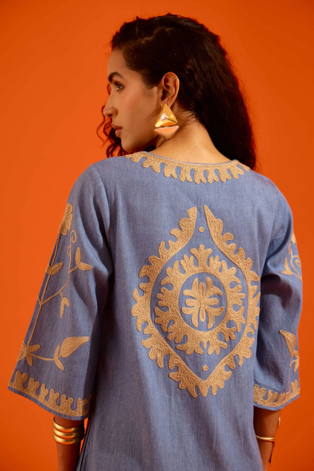 Denim Blue Natural Wave Thread Embroidered Maxi Dress