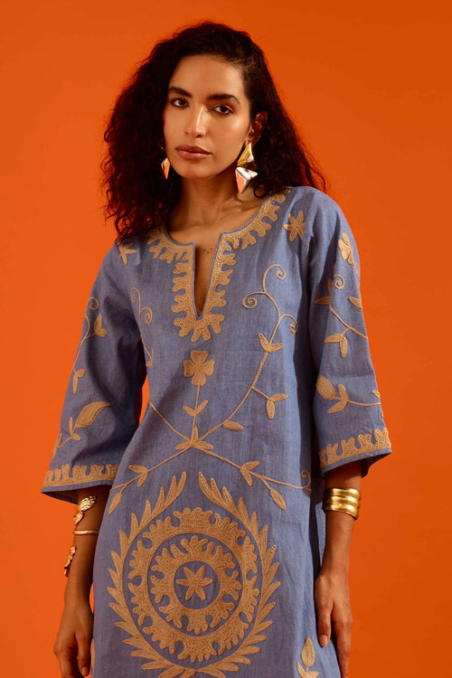 Denim Blue Natural Wave Thread Embroidered Maxi Dress