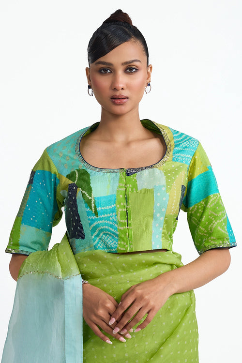 Lime Green Organza Bandhani Saree with Boro Blouse