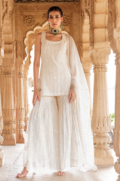 Off White SK-BK all-over Embroidered Sharara with Dupatta