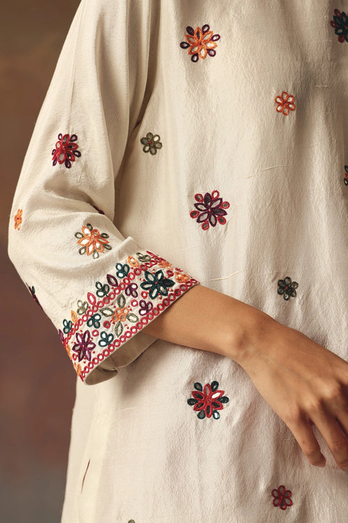 Ivory Monga Silk Kurta with Red Thai Mirror Work Dhotis